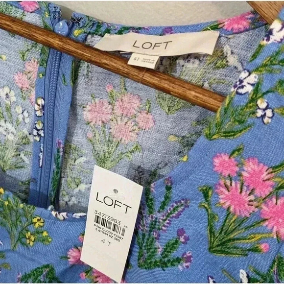 Loft Blue Floral Puff Sleeve Linen Blend Dress NEW Size 4T 4 Tall Short Sleeve - Picture 6 of 8